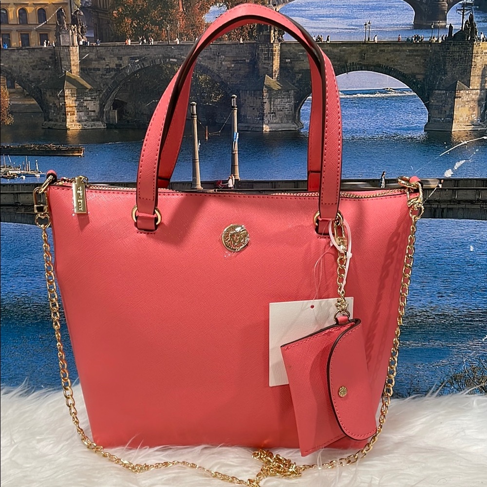 Anne Klein Pink and Gold Satchel with Structured Design